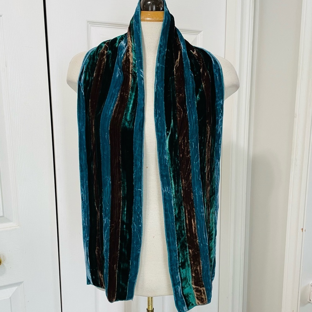 Plush Velvet Striped Scarf in Teal, Brown & Black